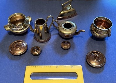 1:12 Dollhouse Mini Brass Copper Metal Tea/Coffee Set Lot 9pc Teapot Coffee Pot