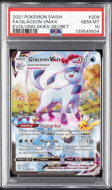 2021 POKEMON SWORD & SHIELD EVOLVING SKIES SECRET FULL ART/GLACEON VMAX PSA 10