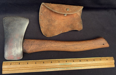Seldom Used Original Vintage 22 Oz =Sears=USA Single Bit 14'' Camp Hatchet+Sheath
