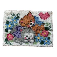 Vintage Handmade Latch Hook Rug Kittens Cats Floral Wall Hanging Decor 34x24.5"
