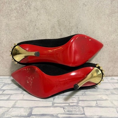 Christian Louboutin Black Suede Gold Spiked Pumps Red Bottoms Heel