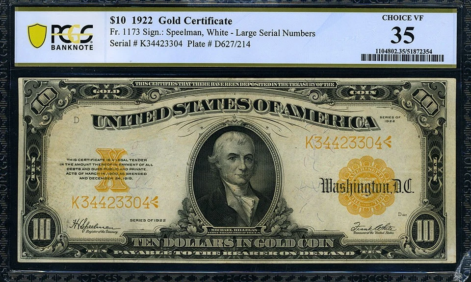 FR. 1173 $10 1922 Gold Certificate PCGS Choice VF35 - MUST SEE - Image 2 of 3