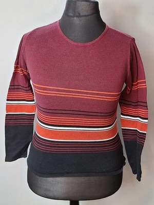 Dynam Jeans Long Sleeve Striped Knit Sweater Top Burgundy Rust Orange Size M