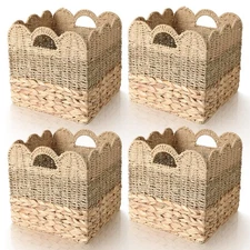12x12 Storage Cube Bins Wicker Basket for Shelf Set of 4 Collapsible Scalloped