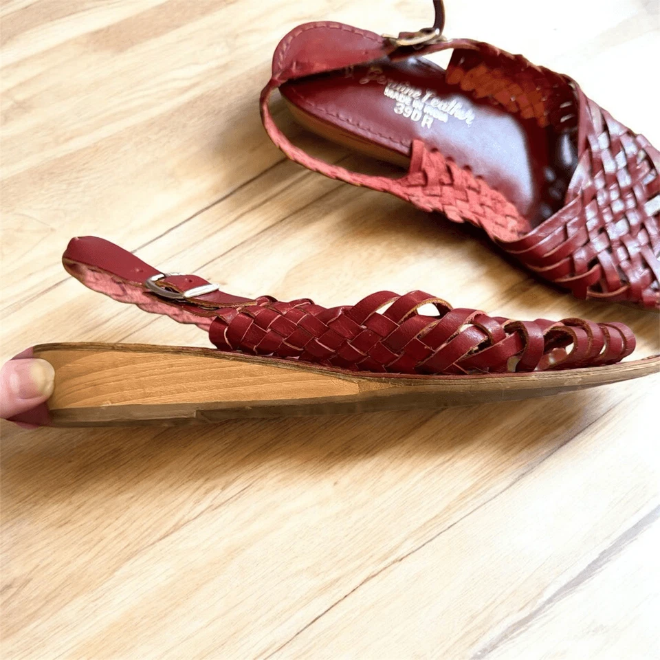 Sandálias de tecido vintage Hurricane wedge couro vermelho marrom 8 Westies - Imagem 2 de 4