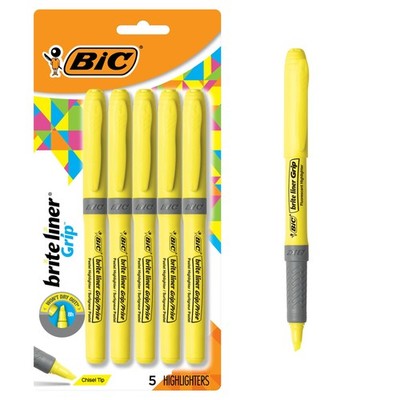 BIC Brite Liner Grip Highlighters, Chisel Tip, 5-Count Pack, Yellow
