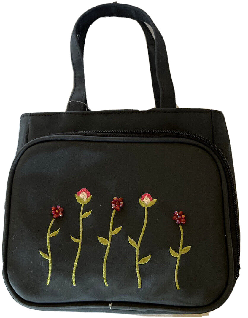 Purse Bag Handbag Floral Beaded Two Big Compartments Zip Snap Slots Pockets