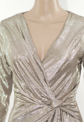 ex Debut Gold Faux Wrap Knot Midi Occasion Cocktail Graduation Party Dress  UK12 | eBay