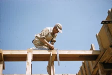 35mm Slide 1950s Red Star Border Kodachrome Old Man Contruction Work House