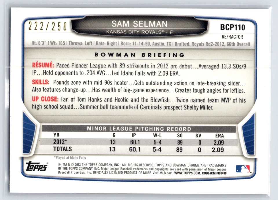 2013 Bowman - Prospects Chrome Blue Refractor #BCP110 Sam Selman /250 (RC) - Image 2 of 2