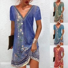 Ladies Summer Floral Dress Casual Women's V-Neck Short Sleeve Boho Sundress Midi