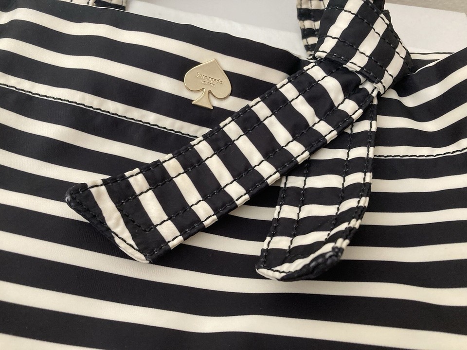 Kate Spade Flatiron Hana Stripe Tote Bag Black & White Nylon With Bow