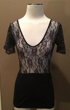 Black Sheer Lace V-Neck Short Sleeve Top Cami Slimmer No Tags