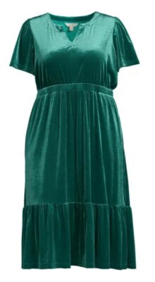 Plus 2X (20W-22W) Terra & Sky Velvet Dress Emerald Green Split V-neck
