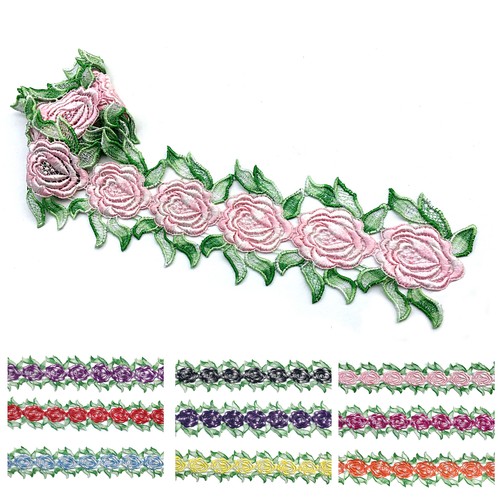 Unotrim 3.5" Blue Pink Yellow Red Purple Fuchsia Black Rose Embroidered Trim - Bild 21 von 24