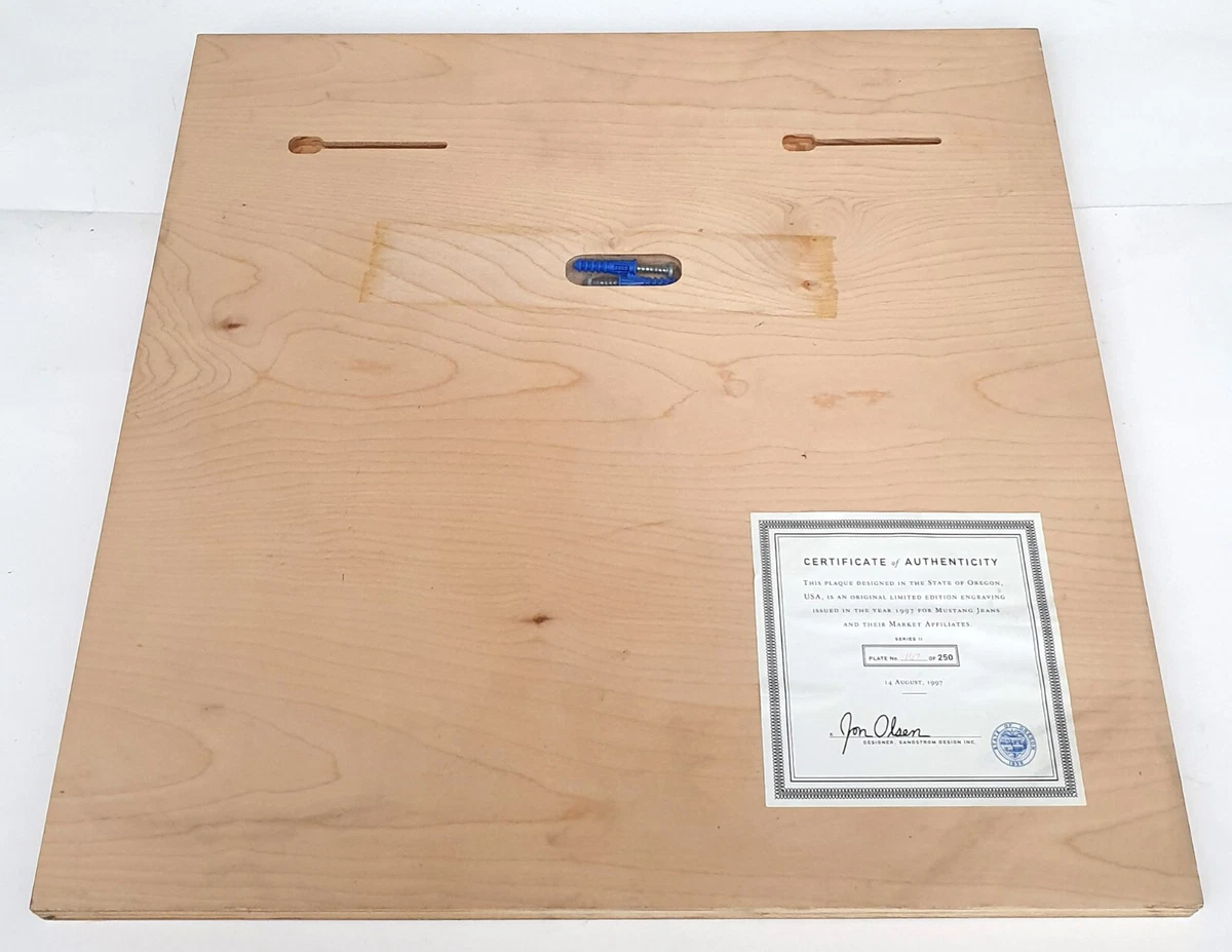MUSTANG JEANS Werbung Metallschild auf Holz 45x45 cm, limit. 167/250, USA 1997