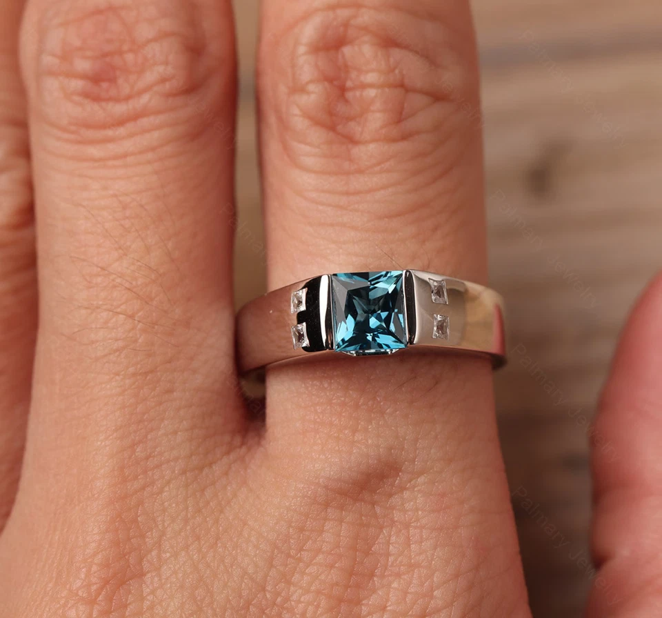 Father's Day Men's Ring Princess 14K White Gold Plated Lab Created Blue Topaz - Image 2 of 4