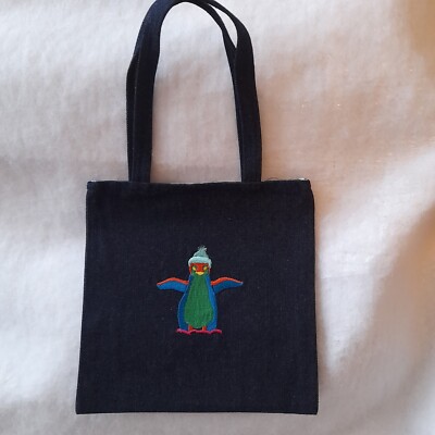 Jeans Tragetasche kleine Größe für Kind Pinguin Design mit grünem Innenleben