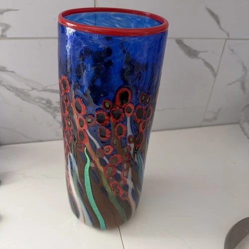 Stunning 14” Murano Cobalt Blue Millefiori Vase Hand-blown Statement piece
