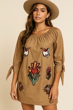 Velzera Gold Embroidered Tunic Dress Floral Birds Boho Peasant Artisan Large