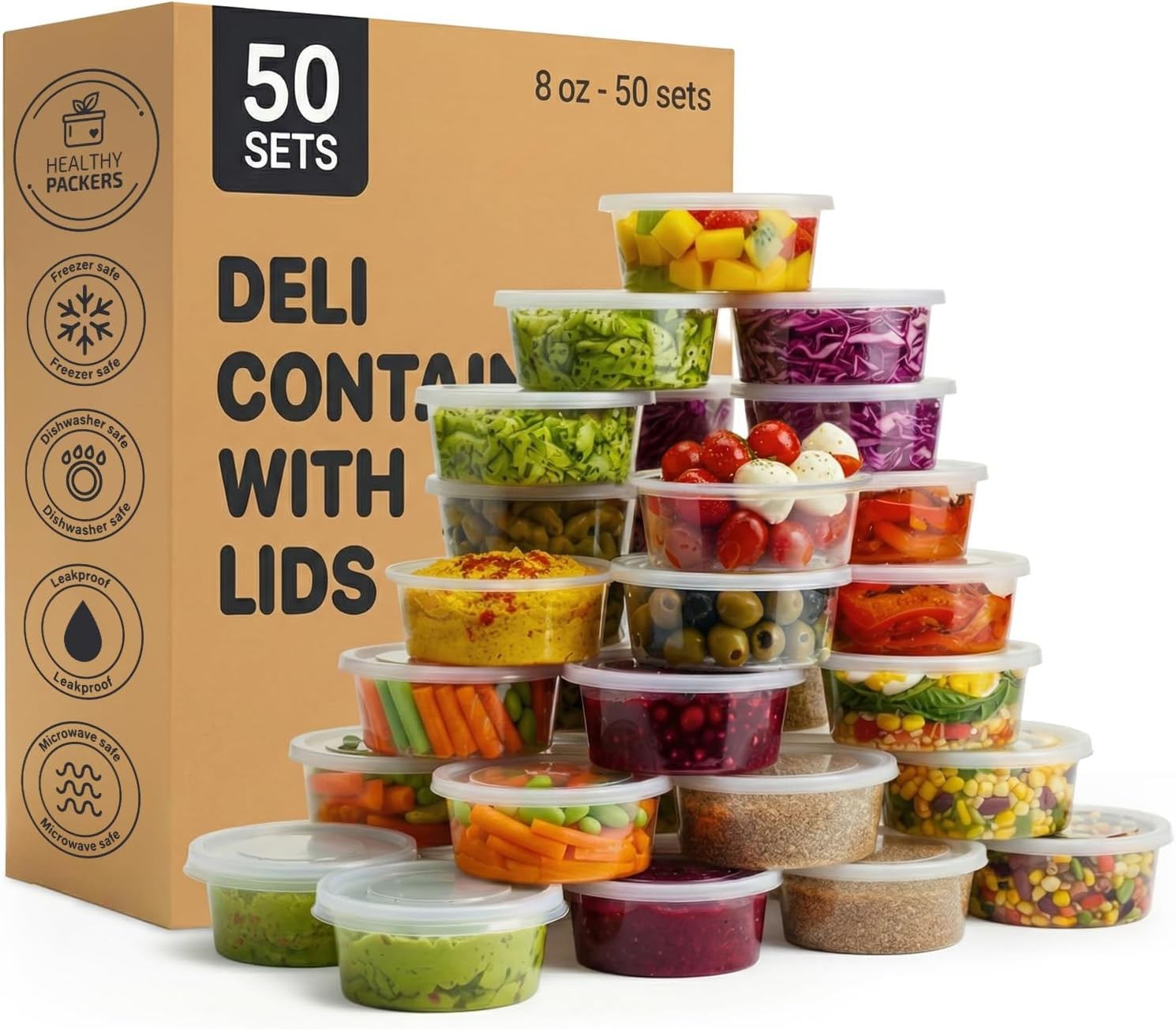Healthy packers® 8oz plastic food storage containers with lids - (50 pack)