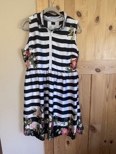 Liz Claiborne Black and White Sleeveless Sundress Floral Tie Waist Size 16 - Picture 3 of 5