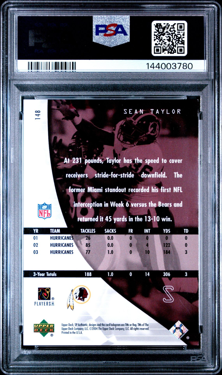 2004 SP Authentic #148 Sean Taylor Rookie Authentics 595/1199 PSA
