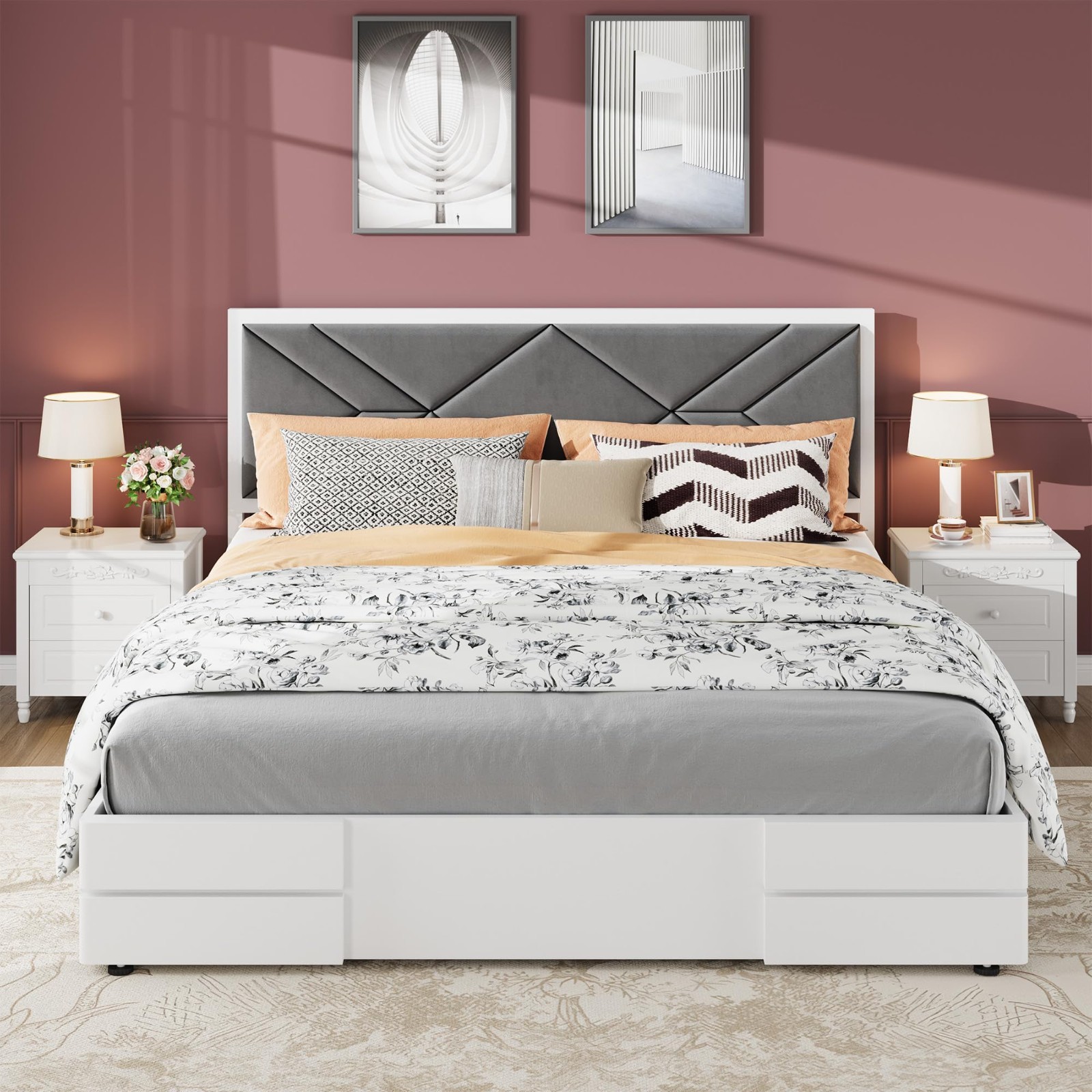 Upholstered Bed Frame, with Soft Headboard, Wooden Slat Support