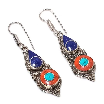Boucles d'oreilles turquoise corail lapis-lazuli bijoux tibétains ethniques... - Photo 1/4