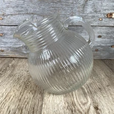 Vintage Pitcher Fine Ribbed Clear Glass Tilted Ball Jug Pitcher with Ice Lip