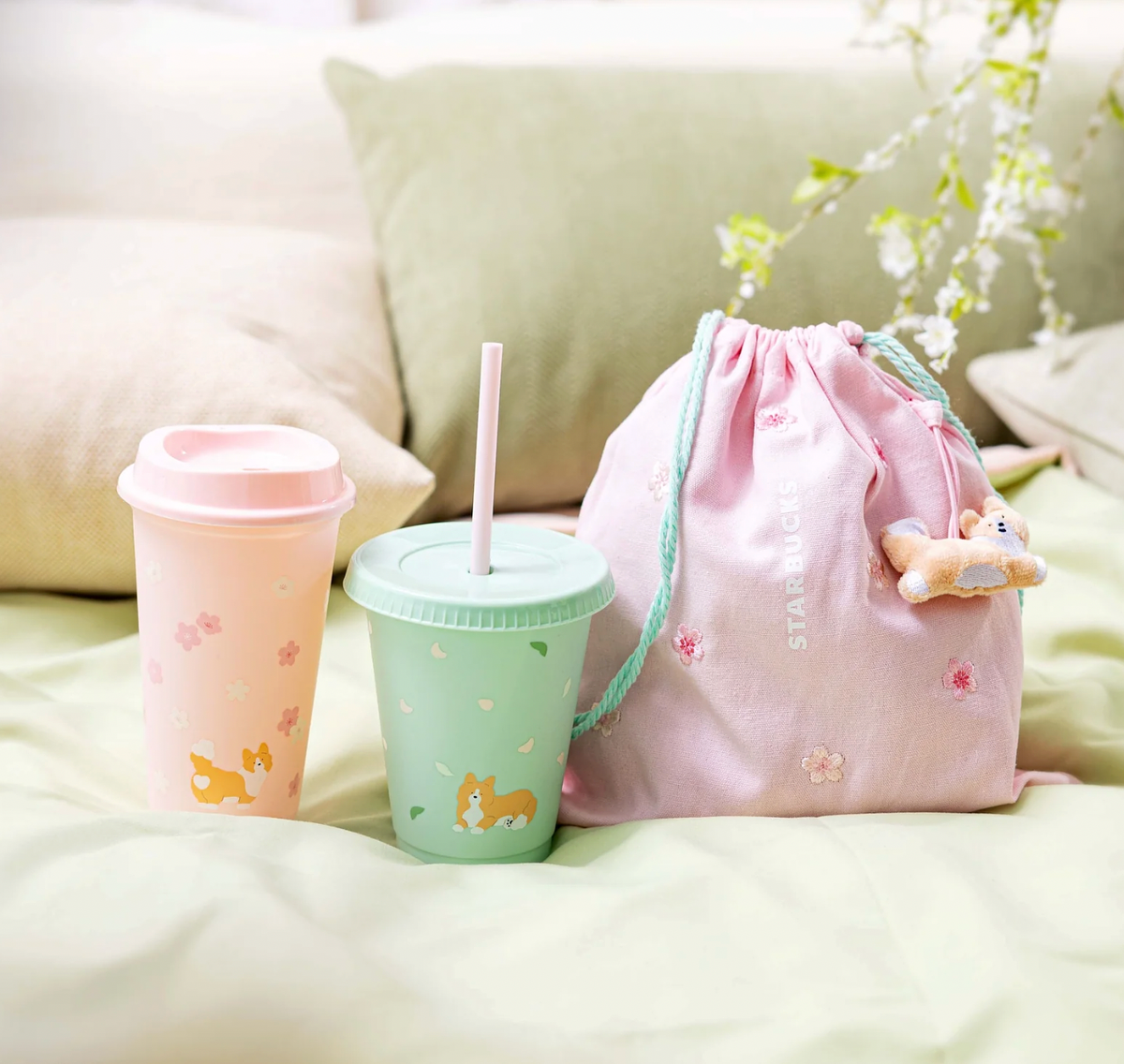 Starbucks Reusable Cold Cup & Hot Cup Corgi Blossom Breeze 16oz + Canvas  Bag Set