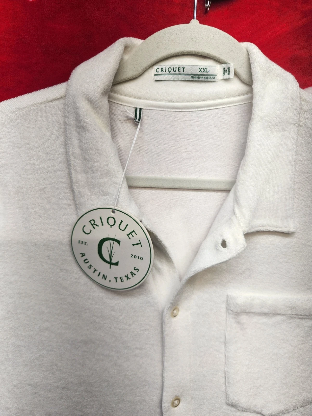 Criquet Mens XXL Terry Cloth Button Front Camp Shirt Cream Short Sleeve Pocket
