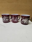 3 Vtg HAZEL ATLAS  Maroon Native American Indian MILK GLASS Mugs Cup Retro Red