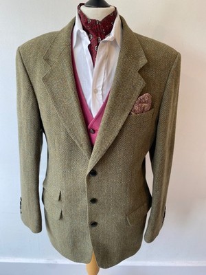 HARRIS TWEED Herren Crockett Olivgrün Fischgrät Sport Jacke Blazer 42''