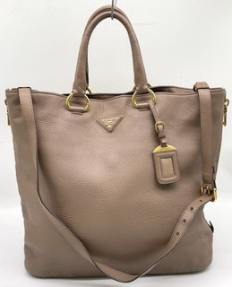 Auth Prada Vitello Daino Leather Beige 2 way Shoulder handBag W/Nametag NS010976