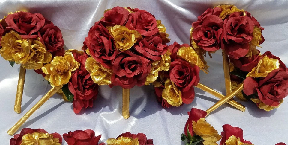 22 PC, Wedding Bouquet Set, Burgandy & Gold Roses, Wedding Flower Packages - Image 3 of 4