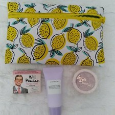 IPSY Lemon Makeup Bag with Samples, Blueberry Cleanser, Powder, Blush