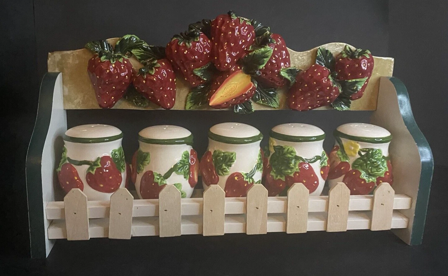Vintage 3D Strawberry Wooden Spice Rack & Five Ceramic Spice 3 inch high shakers