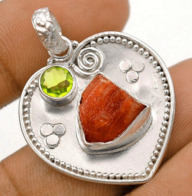 Natural Heart Shaped Orange Kyanite Peridot 925 Sterling Silver Pendant  