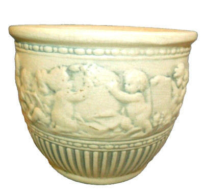 ANTIQUE WELLER ART POTTERY FAIRFIELD CHERUB IVORY/GREEN JARDINIERE 6 5/8'' X 7 7/