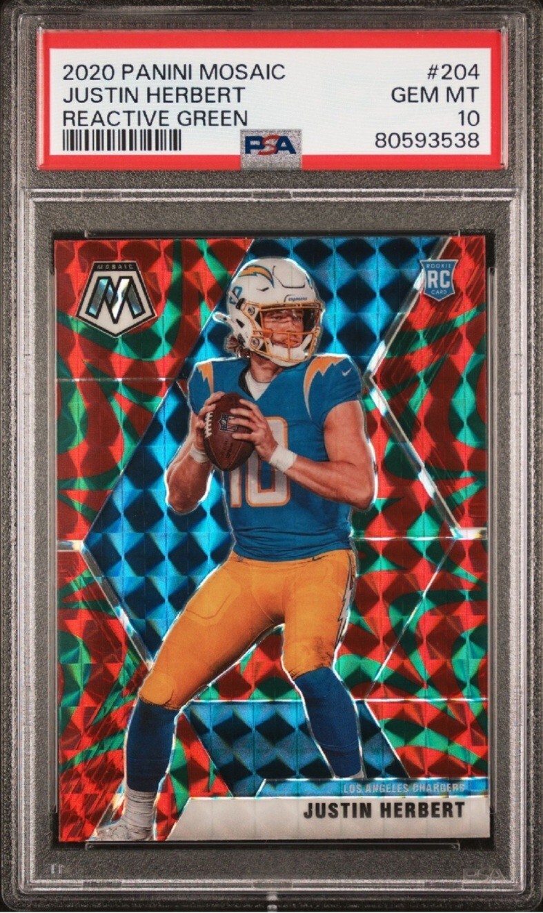 2020 Panini Mosaic #204 JUSTIN HERBERT Reactive Green Prizm RC PSA 10 Gem Mint