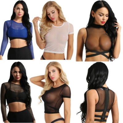 Women Sexy Fishnet T-shirt Mesh See Through Crop Tops Blouse Nightclub Cami Vest