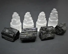 Full Home Protection Kit 4 Selenite Towers, 4 Extra Grade Black Tourmaline Logs 