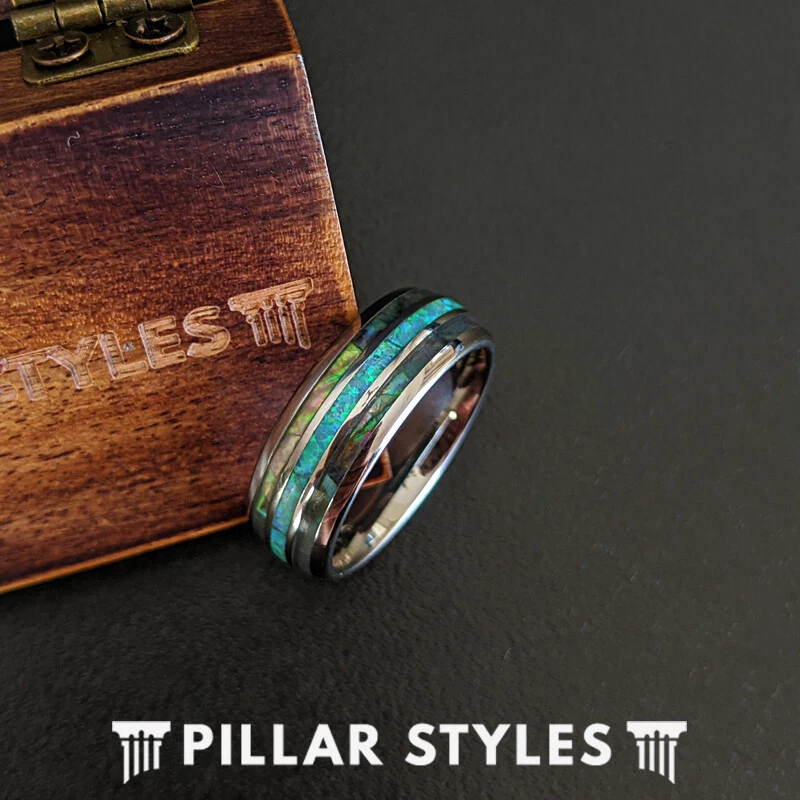 Anillo único de ópalo verde para hombre alianza de boda anillo de tungsteno con incrustaciones de ópalo y abulón Foto 2 de 4