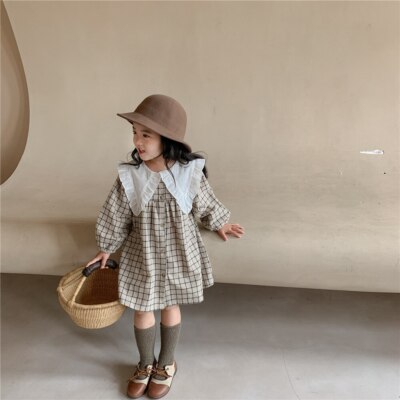 Girls Dress Casual Plaid Clothes Cotton Linen Dress Big Turn Down Collar |  eBay