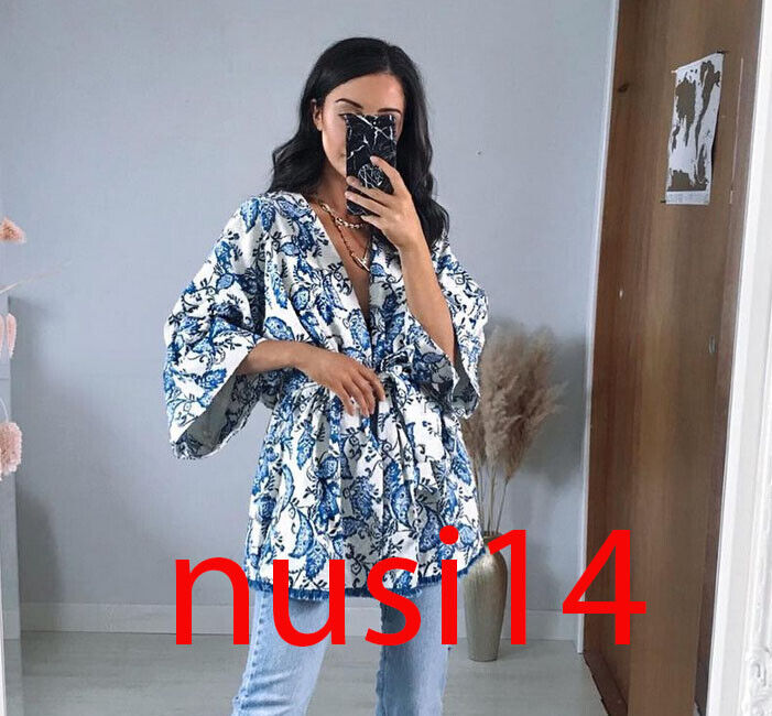 ZARA NEW WOMAN BNWT BELTED PRINTED KIMONO ECRU BLUE XS-S,M-L ZARA NEW WOMAN BNWT BELTED PRINTED KIMONO ECRU BLUE XS-S,M-L