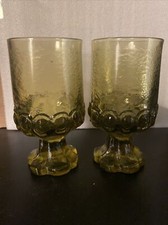 Pair of 2 Vintage Tiffin Franciscan Madeira Olive Green Glass Goblets 5.5"