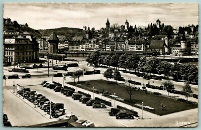 RPPC Birds Eye View Lucern Luzern Switzerland Antique Autos UNP Postcard H8