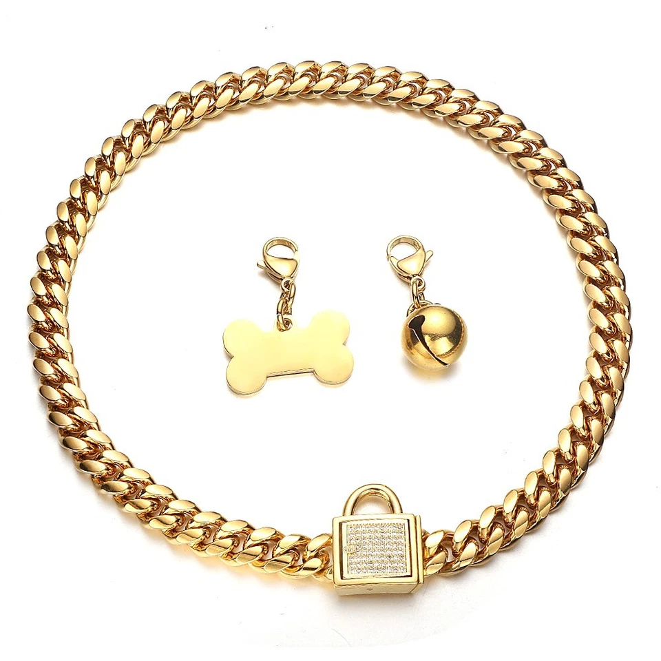 Collar de perro cadena de eslabones cubanos de acero inoxidable tono dorado de 10/14/18 mm para perros S,M,L Foto 2 de 4