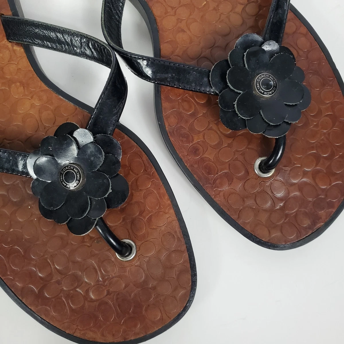Coach Lindy Flower Flip Flop Sandals Womens Size 7 Leather Floral